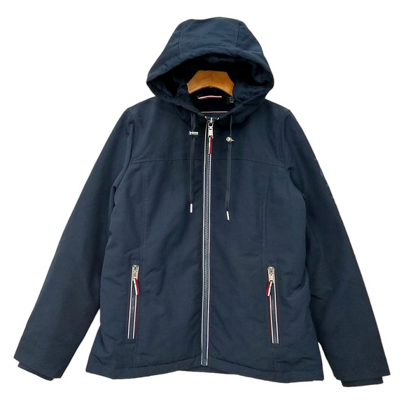 Tommy Hilfiger Jacket Womens Medium Navy Hooded Soft Shell Fleece Lined - Picture 1 of 12